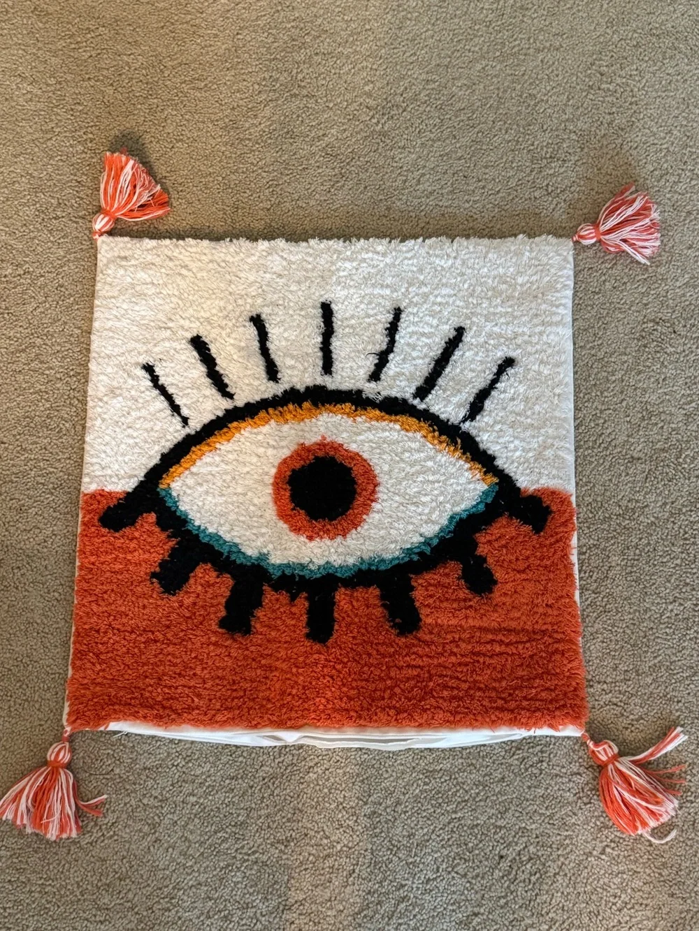 Eye Motif Tufted Decorative Pillowcase White & Orange